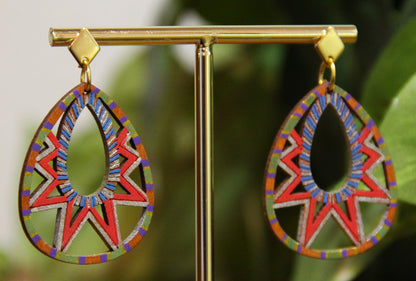 Blue, Red, Silver and Gold Teardrop Filigree Earrings