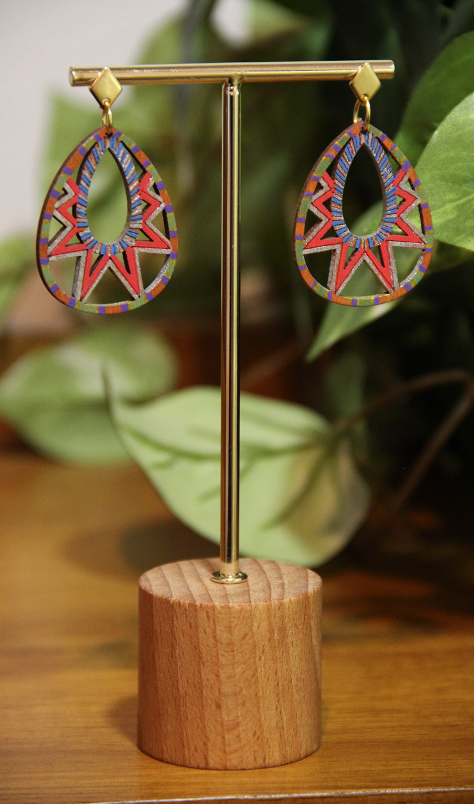 Blue, Red, Silver and Gold Teardrop Filigree Earrings
