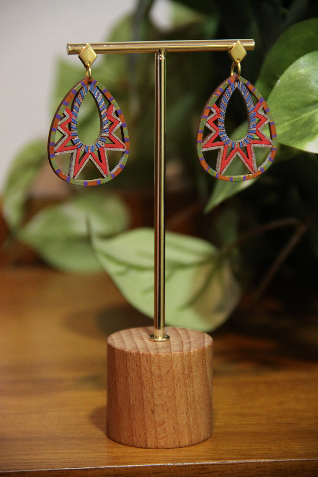 Blue, Red, Silver and Gold Teardrop Filigree Earrings