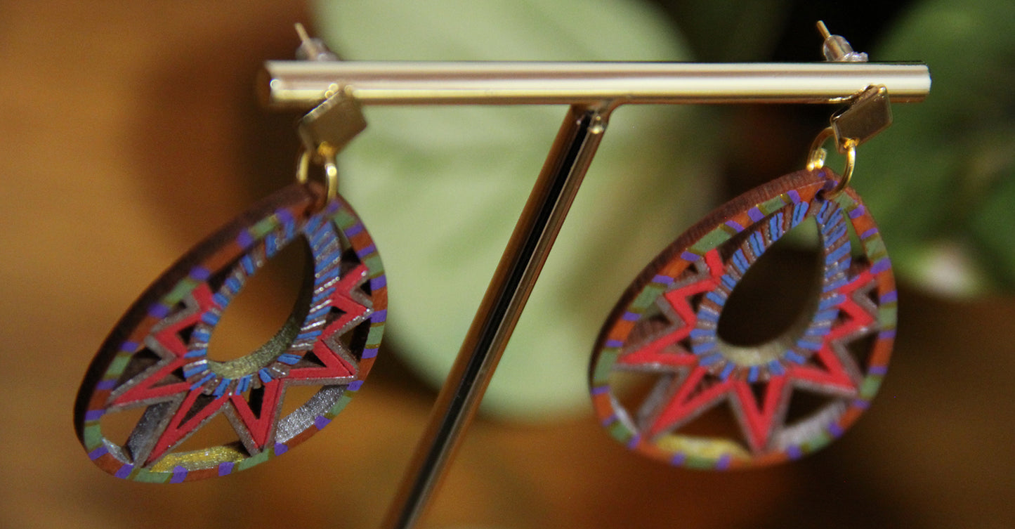 Blue, Red, Silver and Gold Teardrop Filigree Earrings