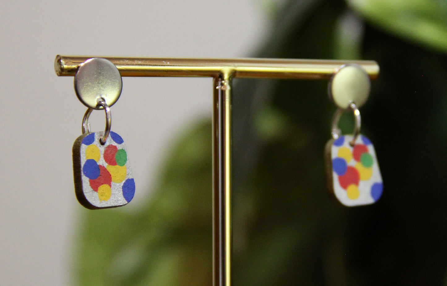 Blue, Yellow and Red Bubbles Small Rectangular Earrings