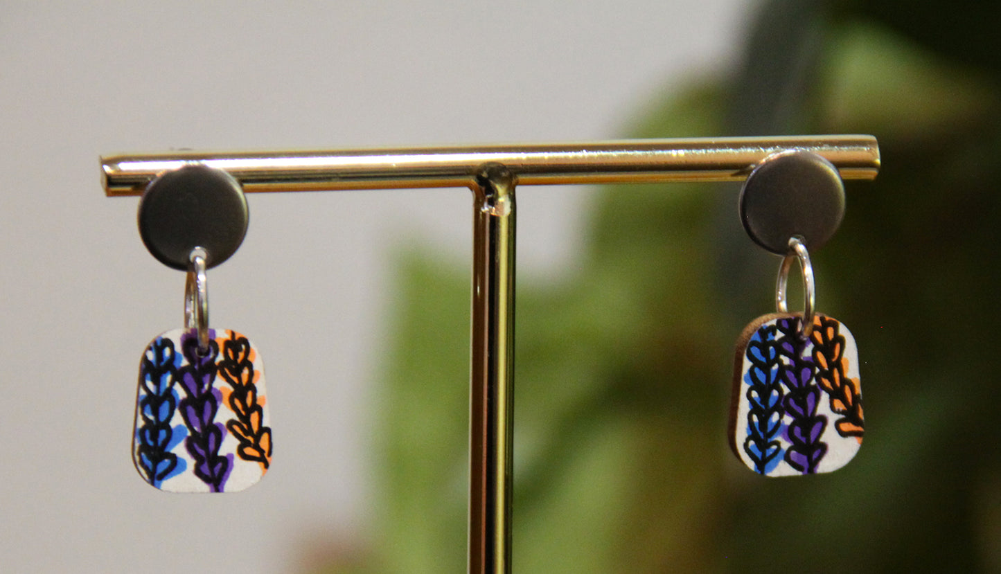 Blue, Purple and Orange Floral Small Rectangular Earrings