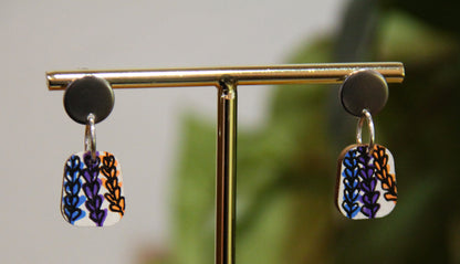 Blue, Purple and Orange Floral Small Rectangular Earrings