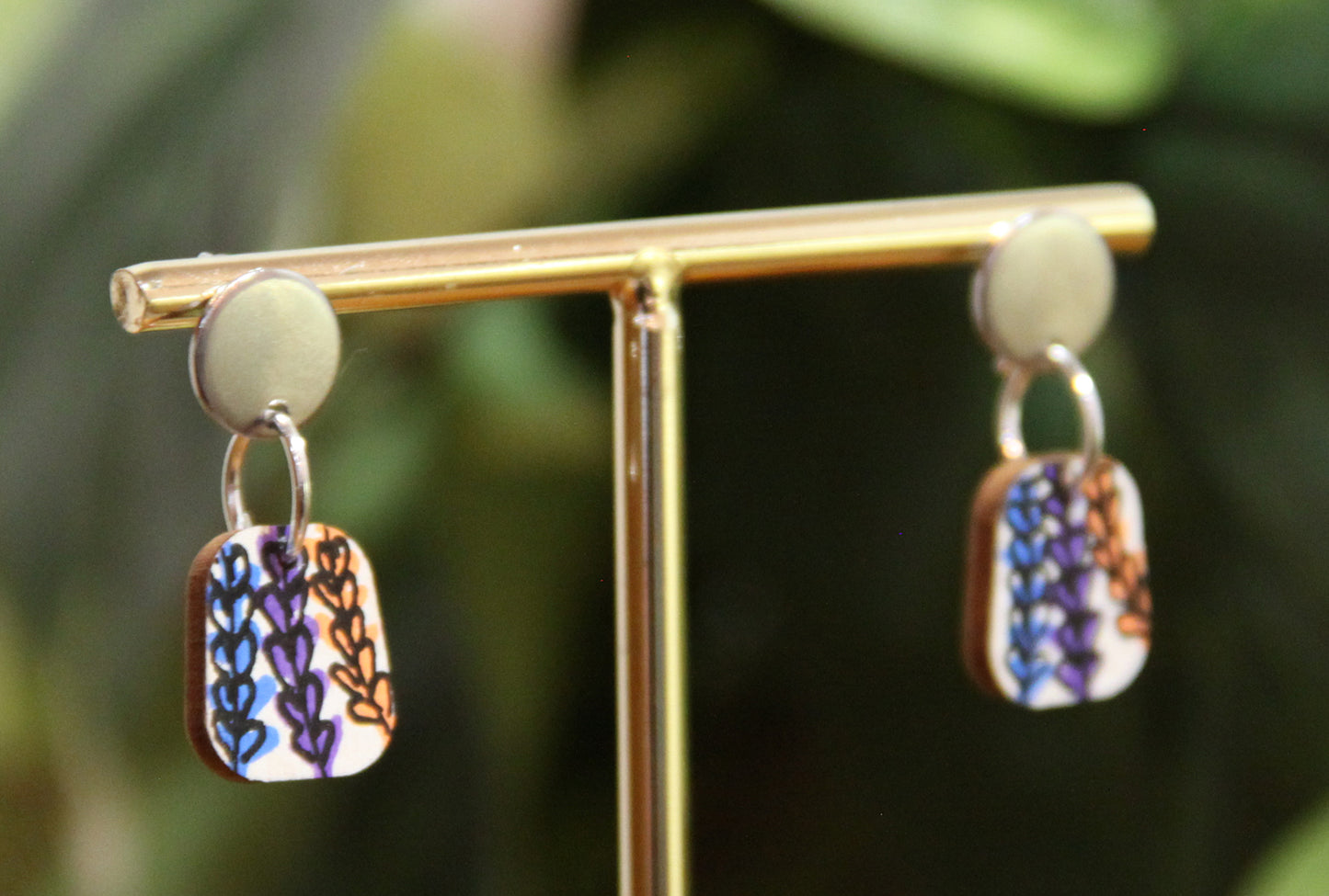 Blue, Purple and Orange Floral Small Rectangular Earrings