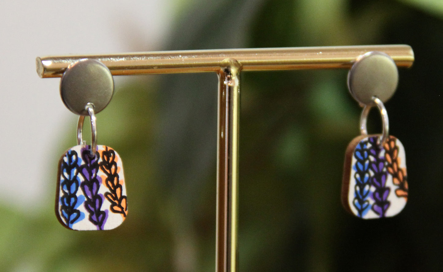 Blue, Purple and Orange Floral Small Rectangular Earrings