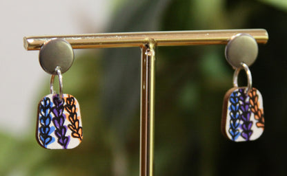 Blue, Purple and Orange Floral Small Rectangular Earrings