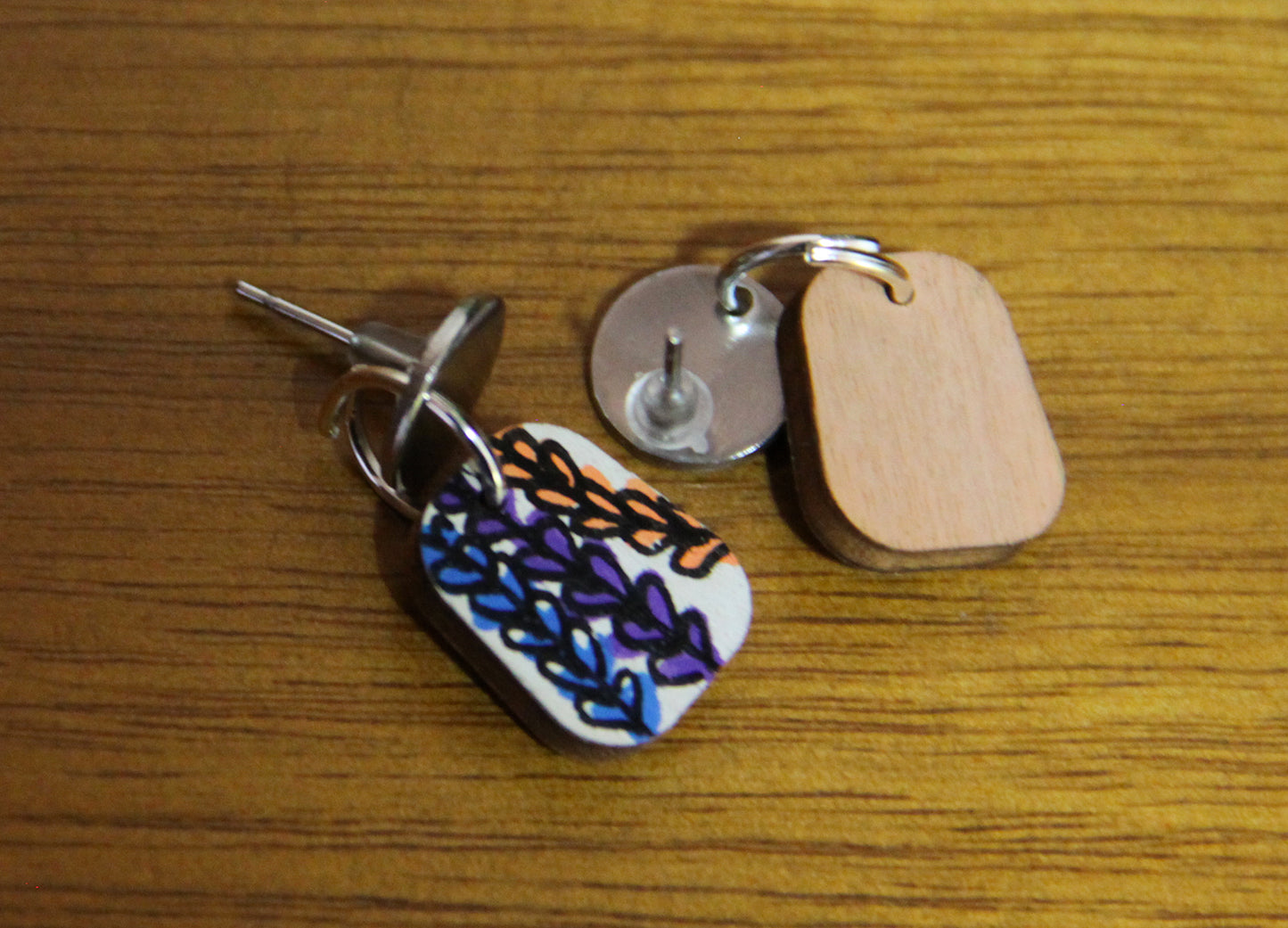 Blue, Purple and Orange Floral Small Rectangular Earrings