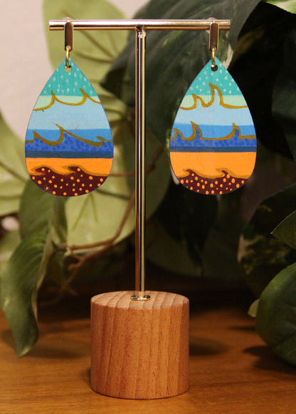 Teal, Blue, Orange Wavy Patterned Teardrop Earrings