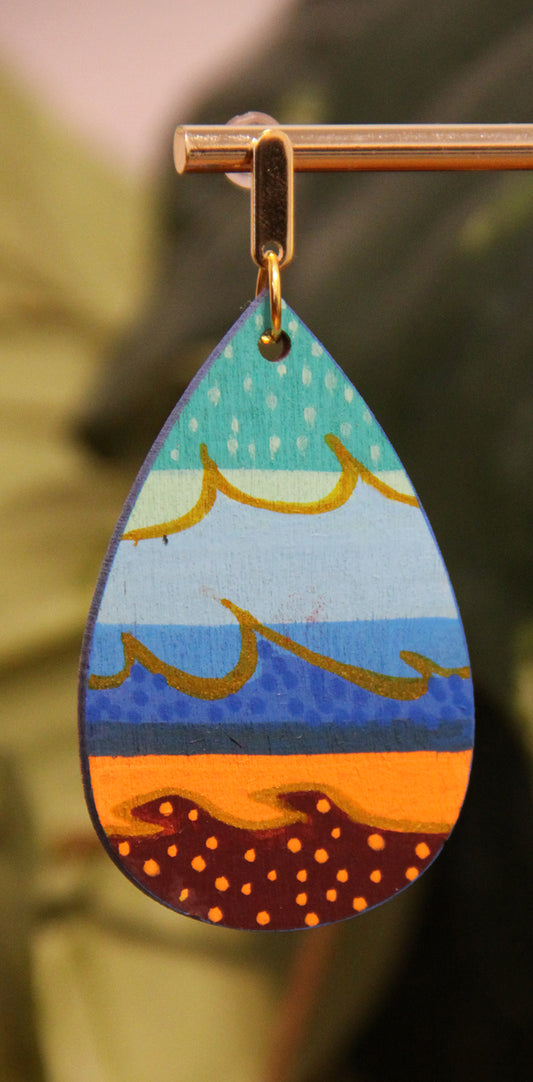 Teal, Blue, Orange Wavy Patterned Teardrop Earrings