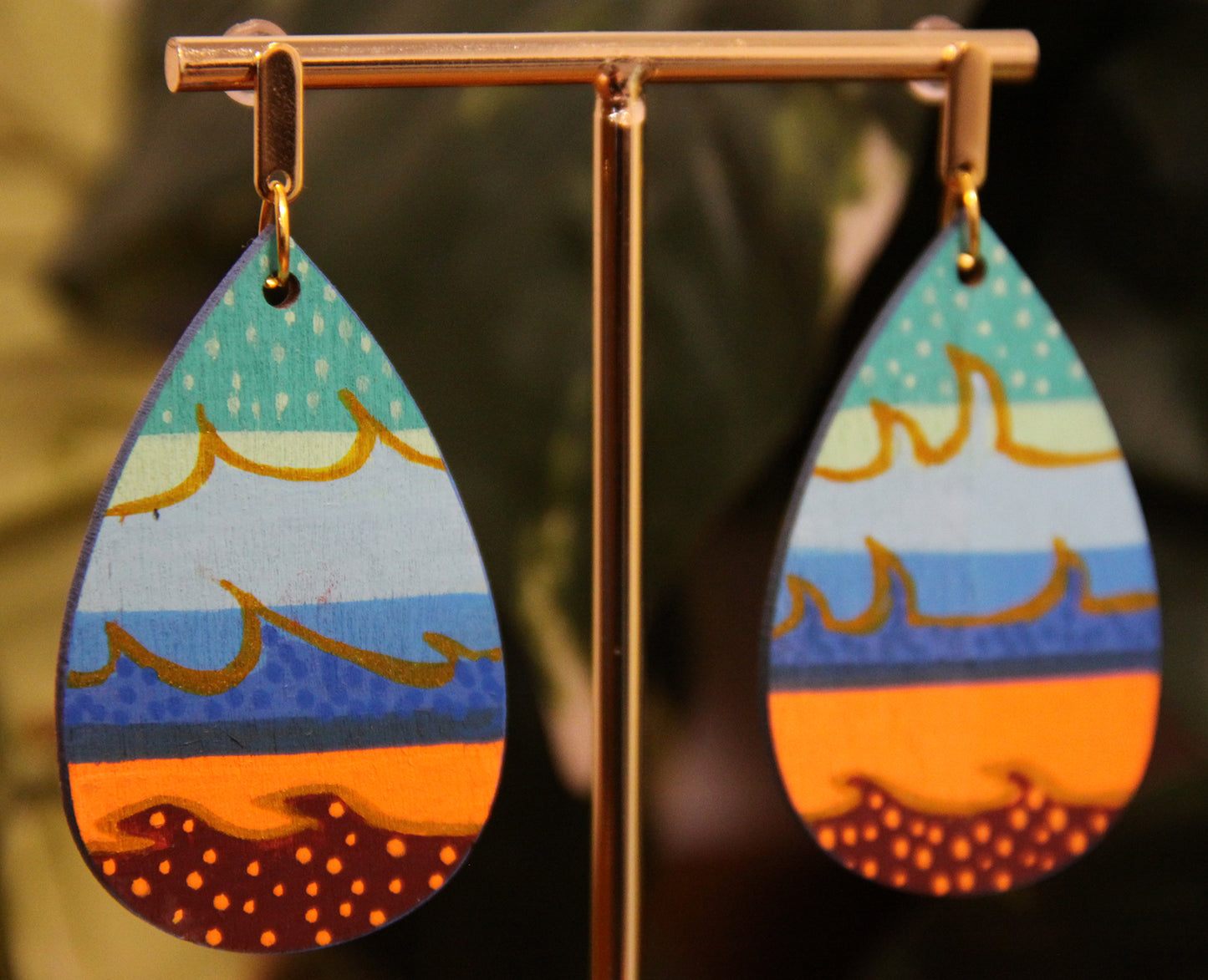 Teal, Blue, Orange Wavy Patterned Teardrop Earrings