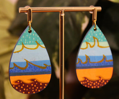 Teal, Blue, Orange Wavy Patterned Teardrop Earrings