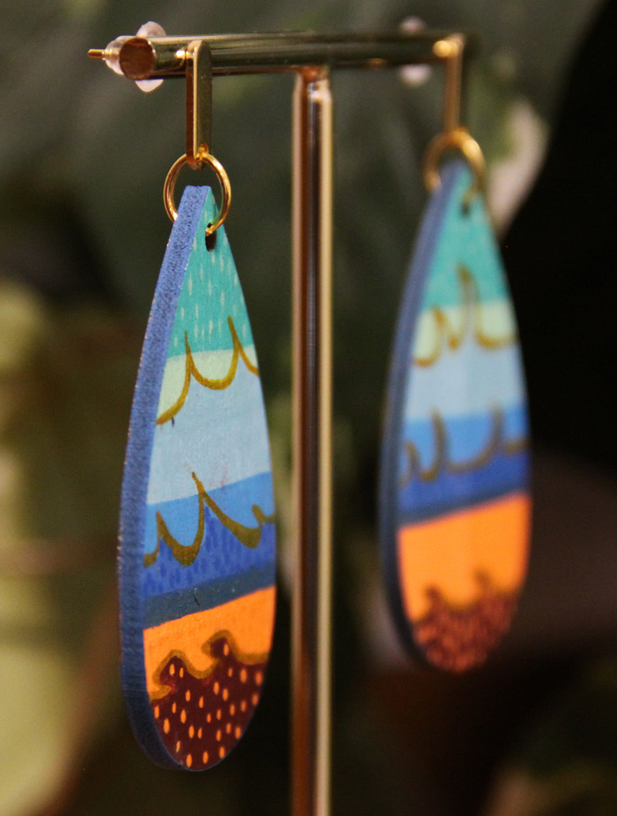 Teal, Blue, Orange Wavy Patterned Teardrop Earrings