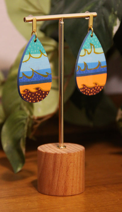 Teal, Blue, Orange Wavy Patterned Teardrop Earrings