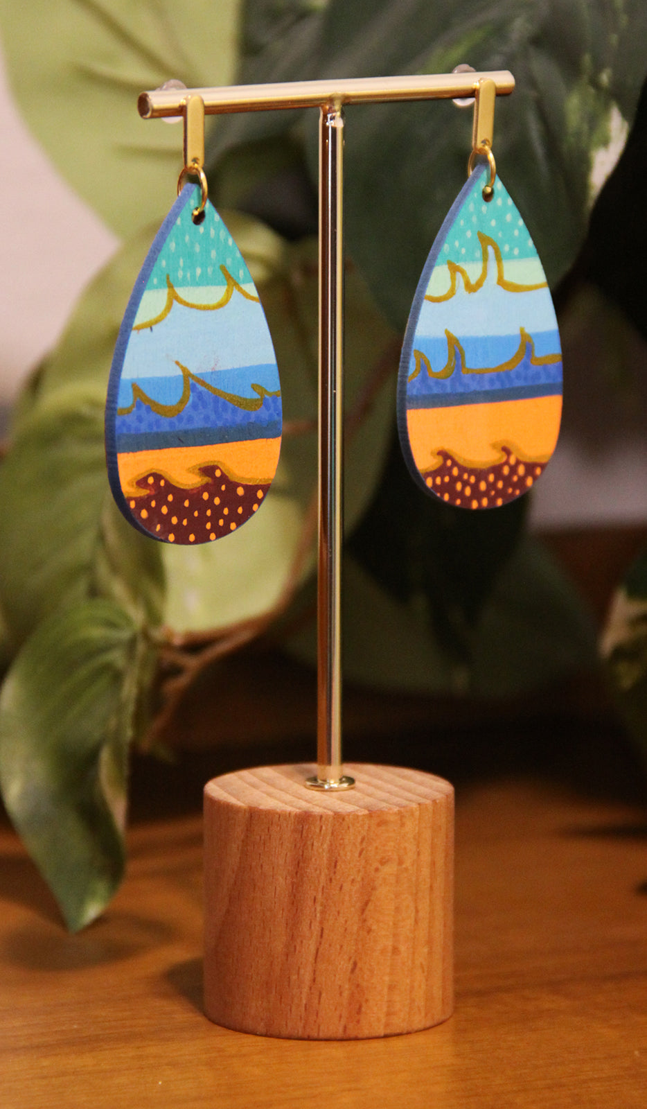 Teal, Blue, Orange Wavy Patterned Teardrop Earrings