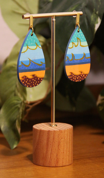 Teal, Blue, Orange Wavy Patterned Teardrop Earrings