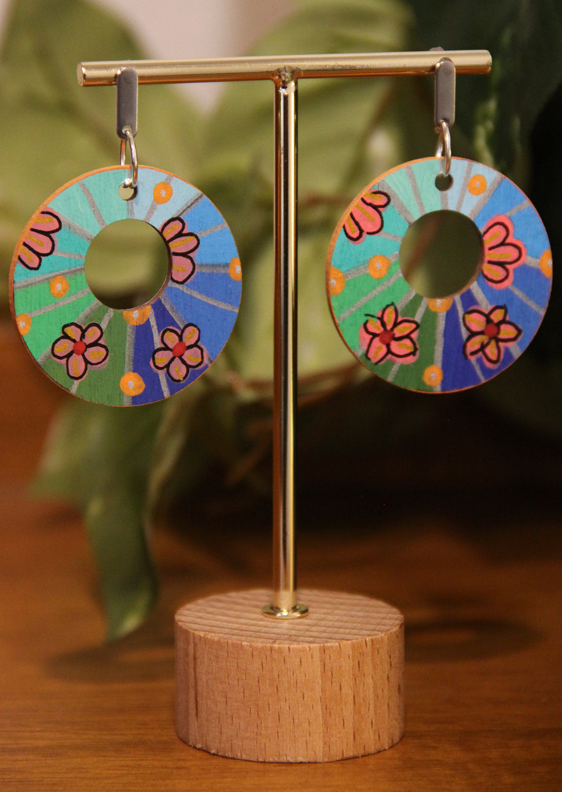 Floral Green and Blue Circular Earrings