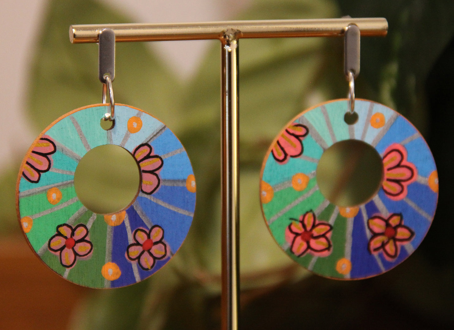 Floral Green and Blue Circular Earrings