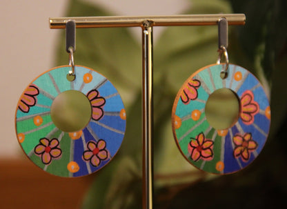 Floral Green and Blue Circular Earrings