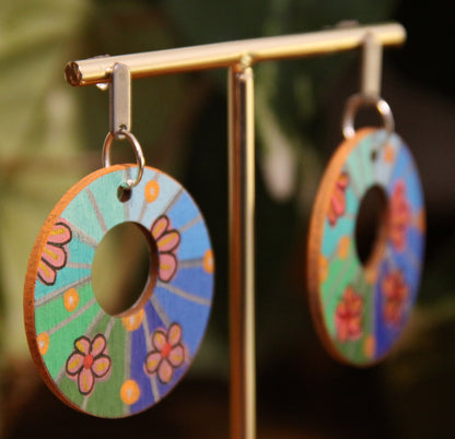 Floral Green and Blue Circular Earrings