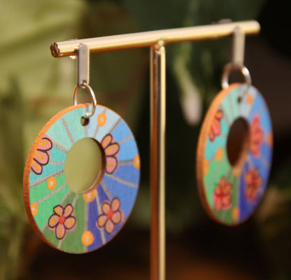Floral Green and Blue Circular Earrings