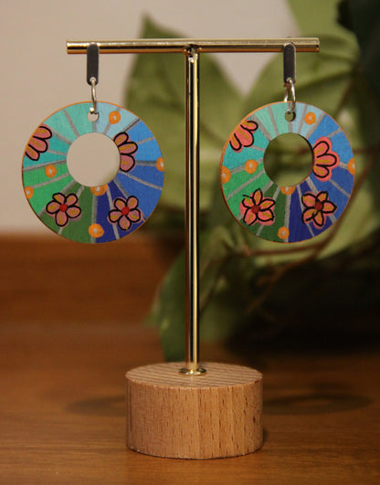 Floral Green and Blue Circular Earrings