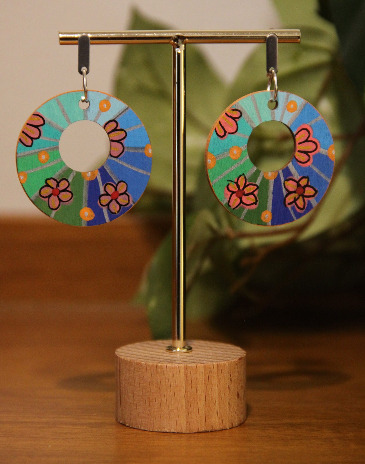 Floral Green and Blue Circular Earrings