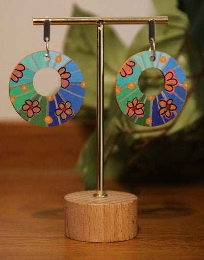 Floral Green and Blue Circular Earrings