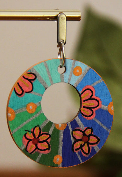 Floral Green and Blue Circular Earrings