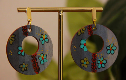 Floral Teal and Red Circular Earrings