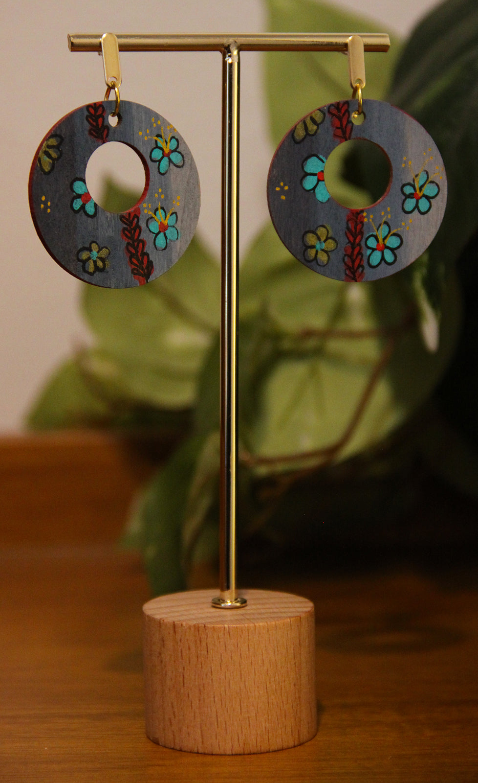 Floral Teal and Red Circular Earrings