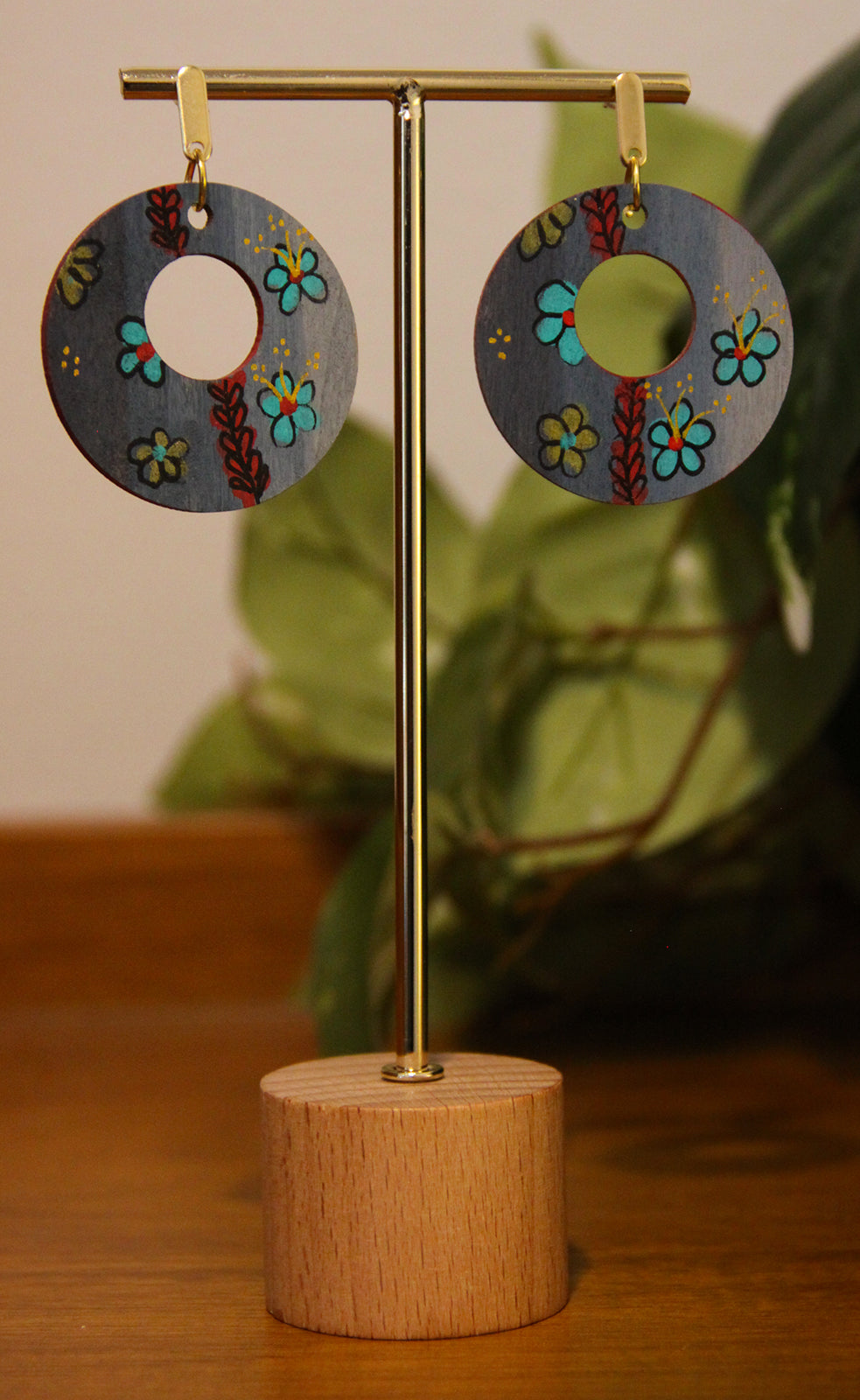 Floral Teal and Red Circular Earrings
