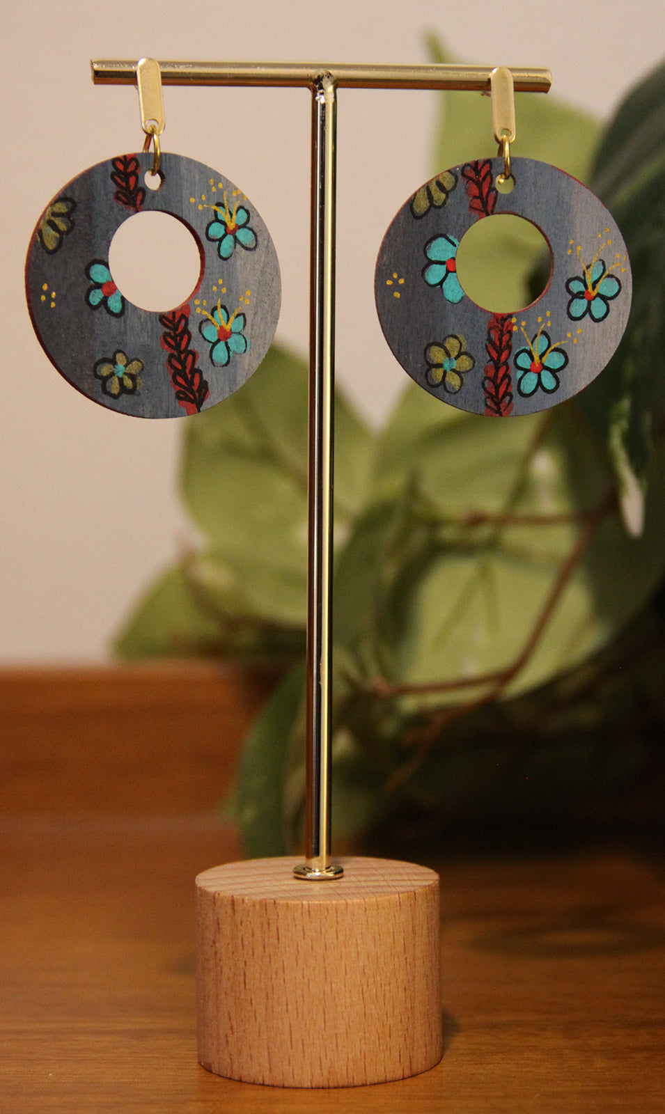 Floral Teal and Red Circular Earrings