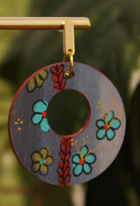 Floral Teal and Red Circular Earrings