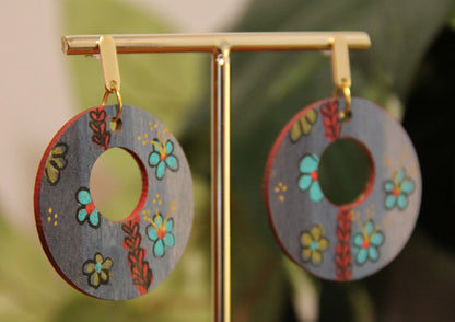 Floral Teal and Red Circular Earrings