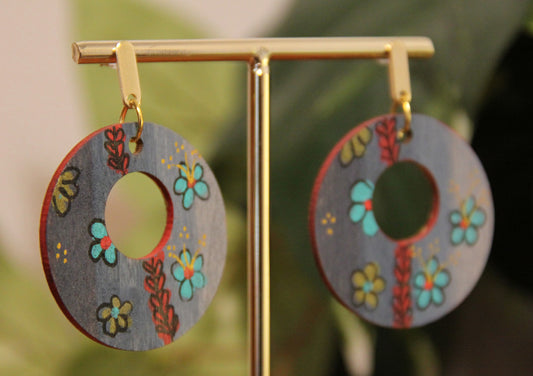 Floral Teal and Red Circular Earrings