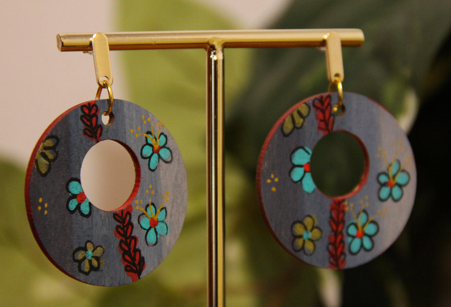 Floral Teal and Red Circular Earrings