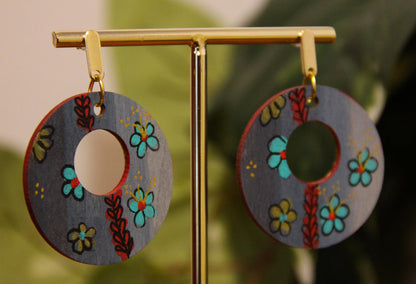 Floral Teal and Red Circular Earrings