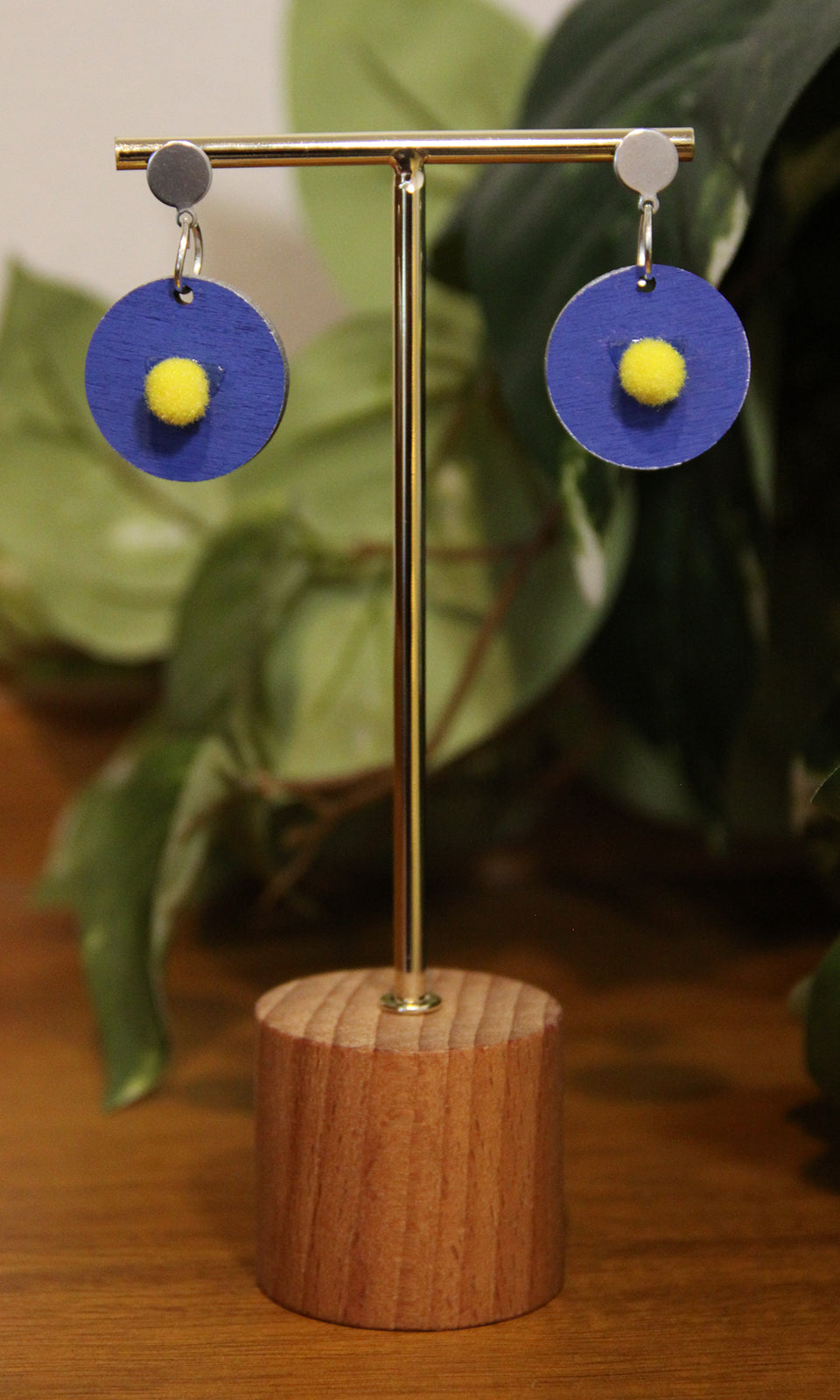 Blue with Yellow Pom-Pom Circular Earrings