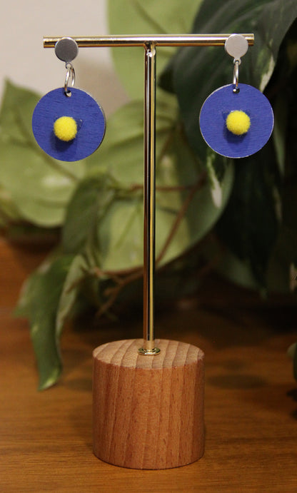 Blue with Yellow Pom-Pom Circular Earrings