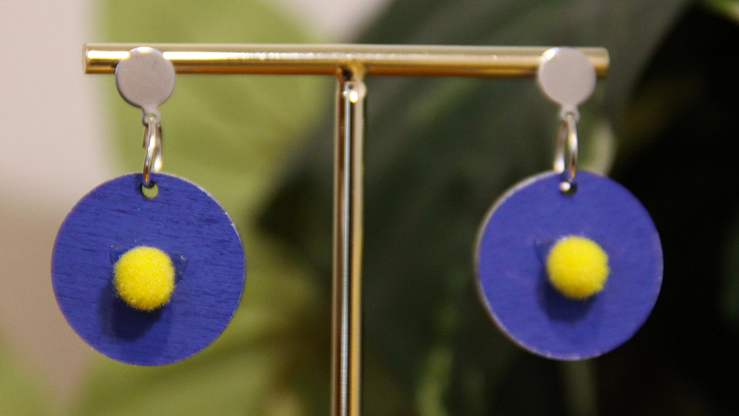Blue with Yellow Pom-Pom Circular Earrings