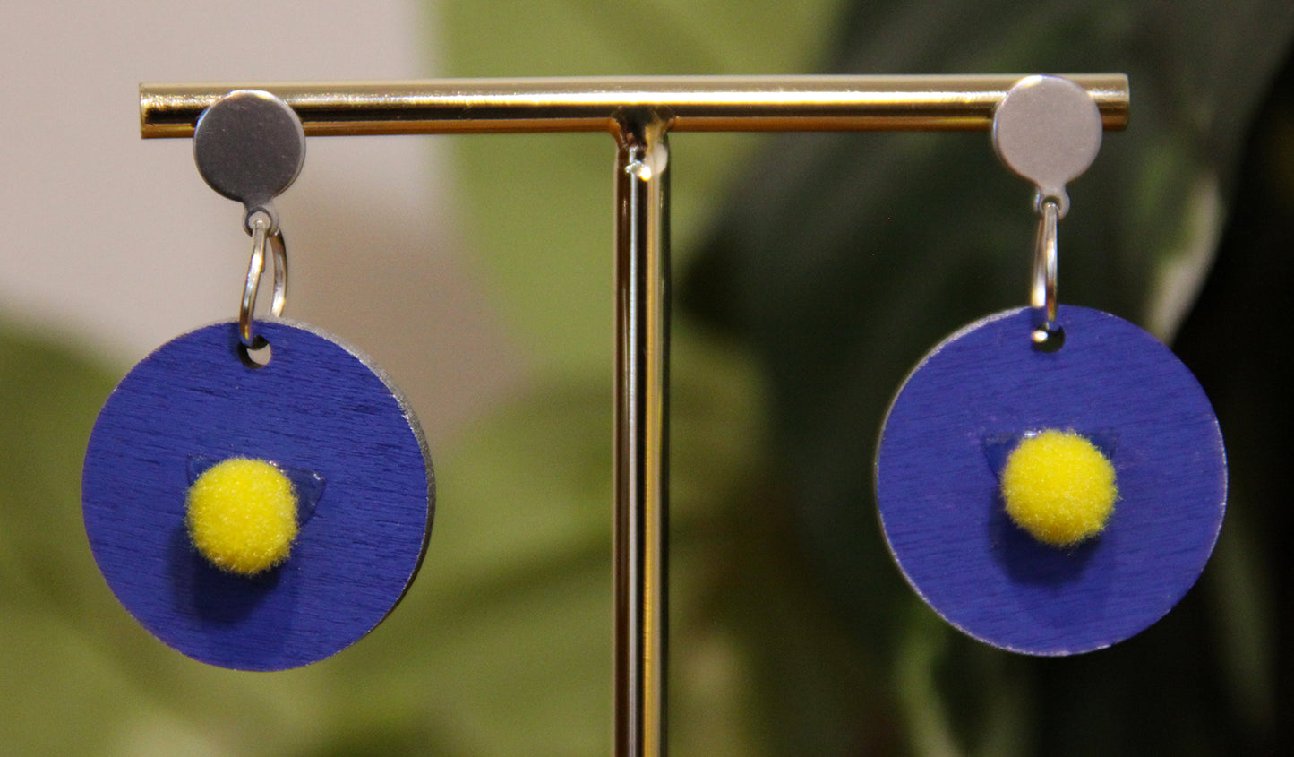Blue with Yellow Pom-Pom Circular Earrings