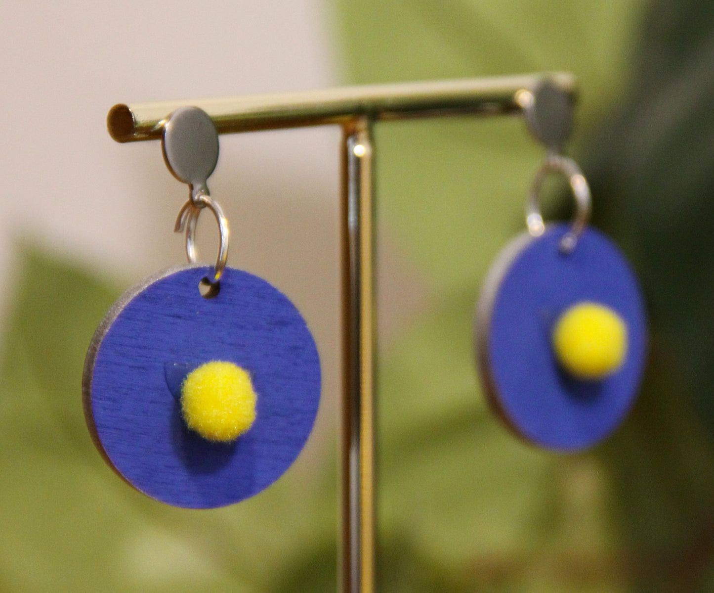 Blue with Yellow Pom-Pom Circular Earrings