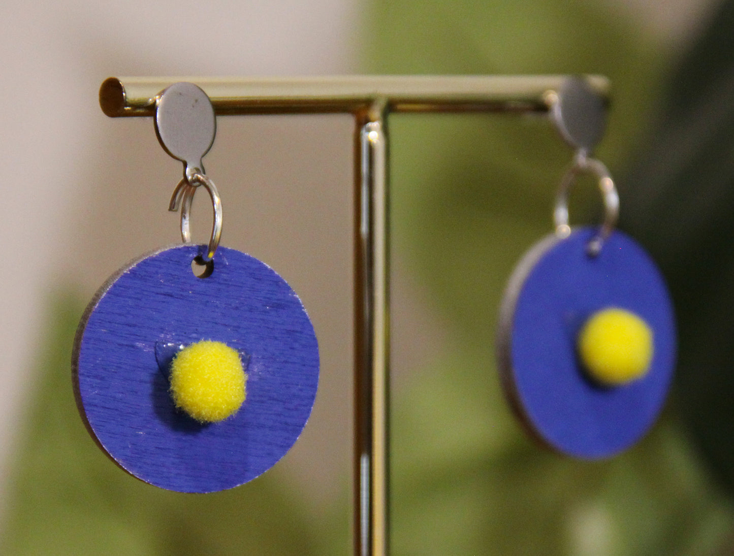 Blue with Yellow Pom-Pom Circular Earrings