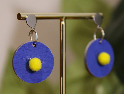 Blue with Yellow Pom-Pom Circular Earrings