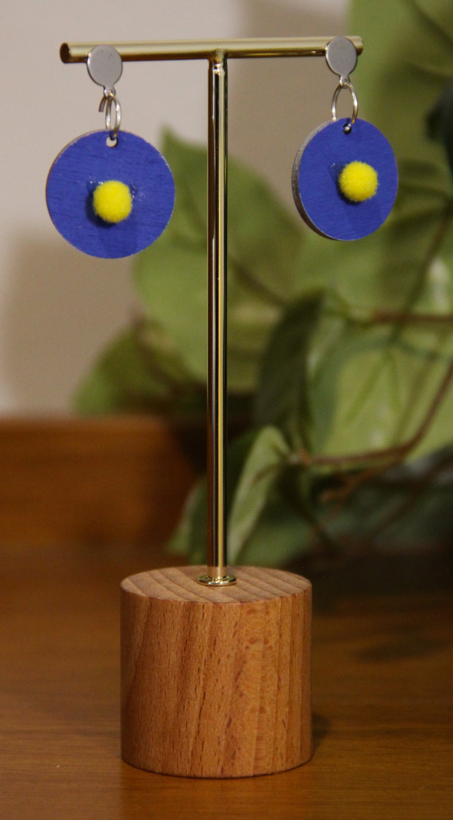 Blue with Yellow Pom-Pom Circular Earrings