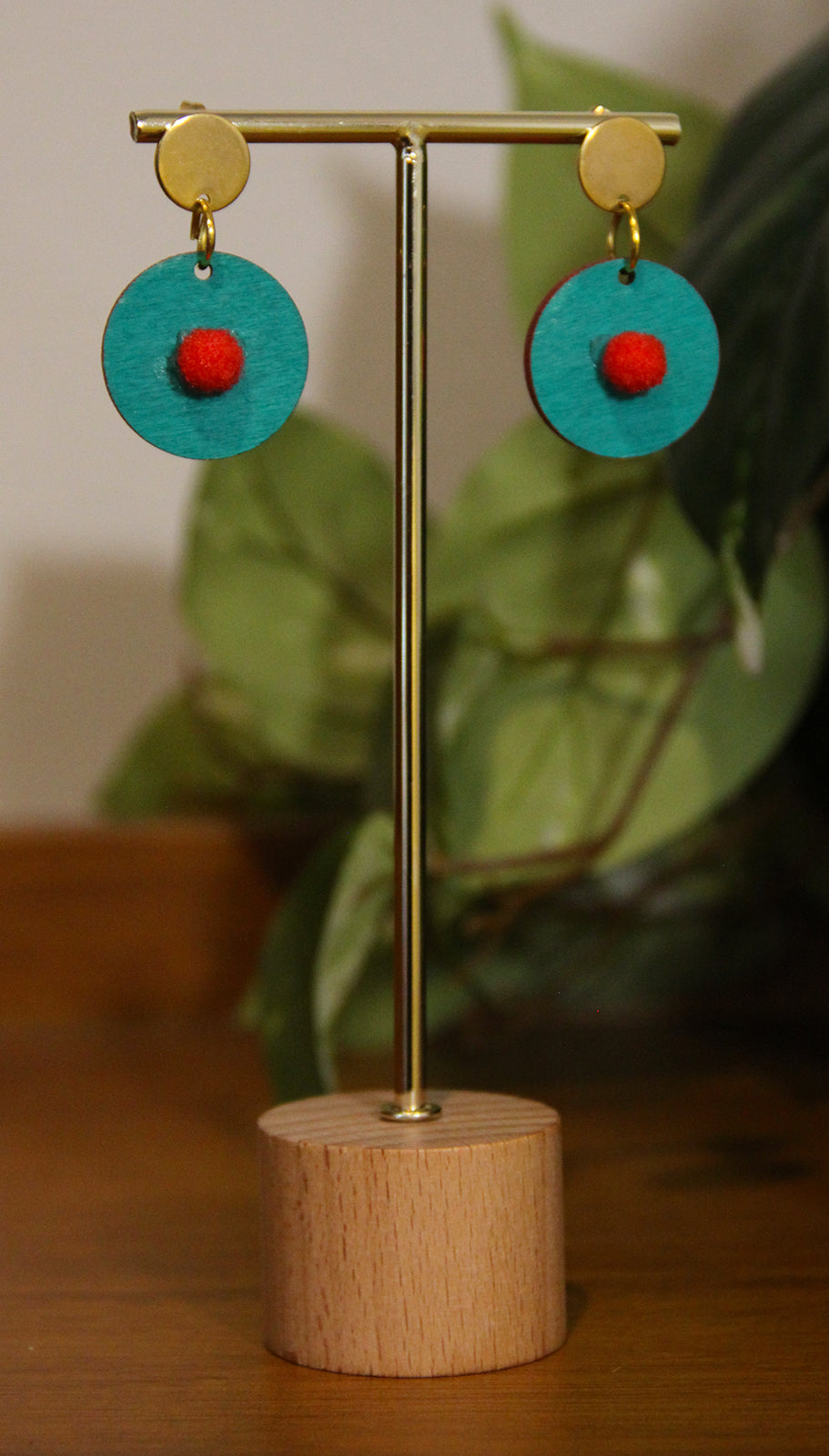 Teal with Red Pom-Pom Circular Earrings
