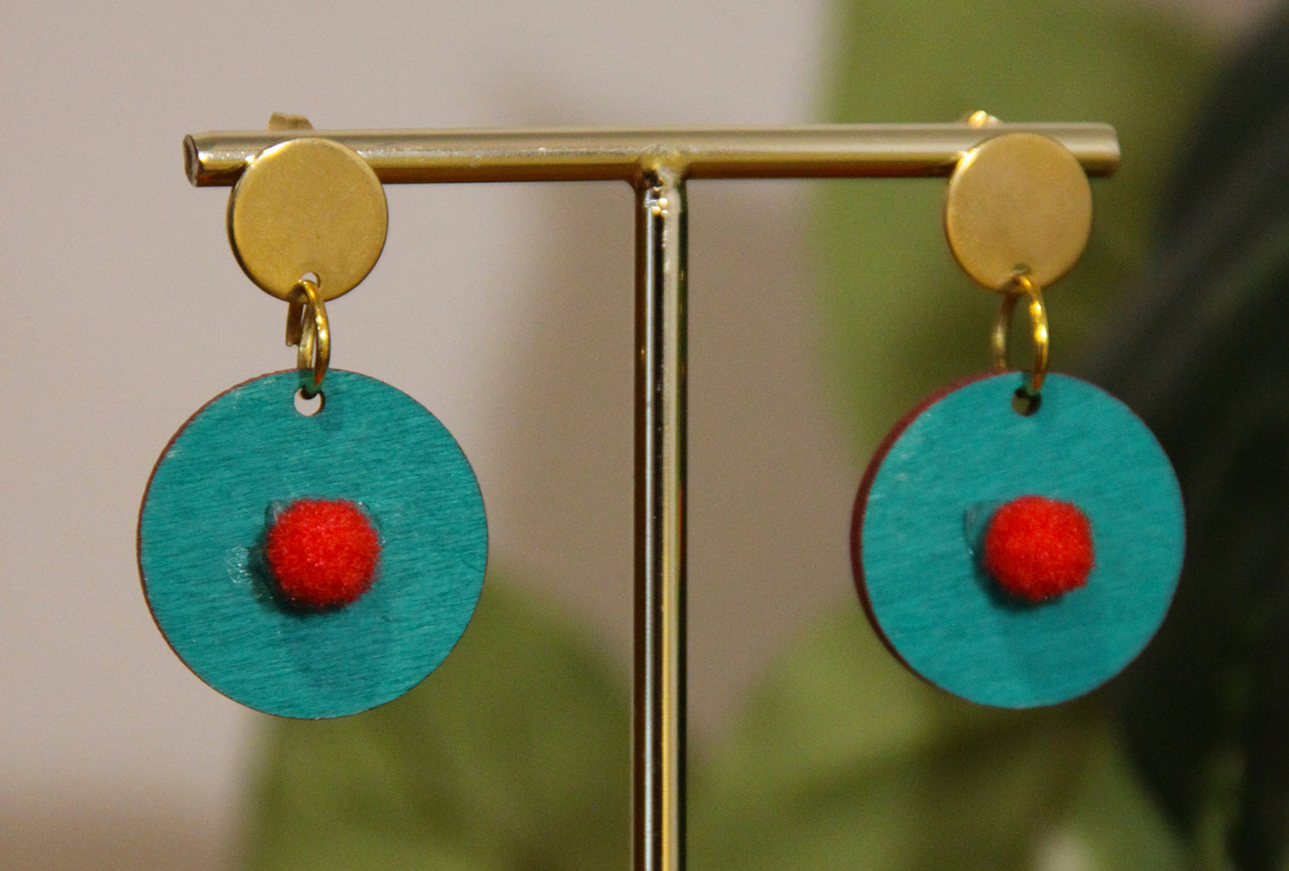 Teal with Red Pom-Pom Circular Earrings