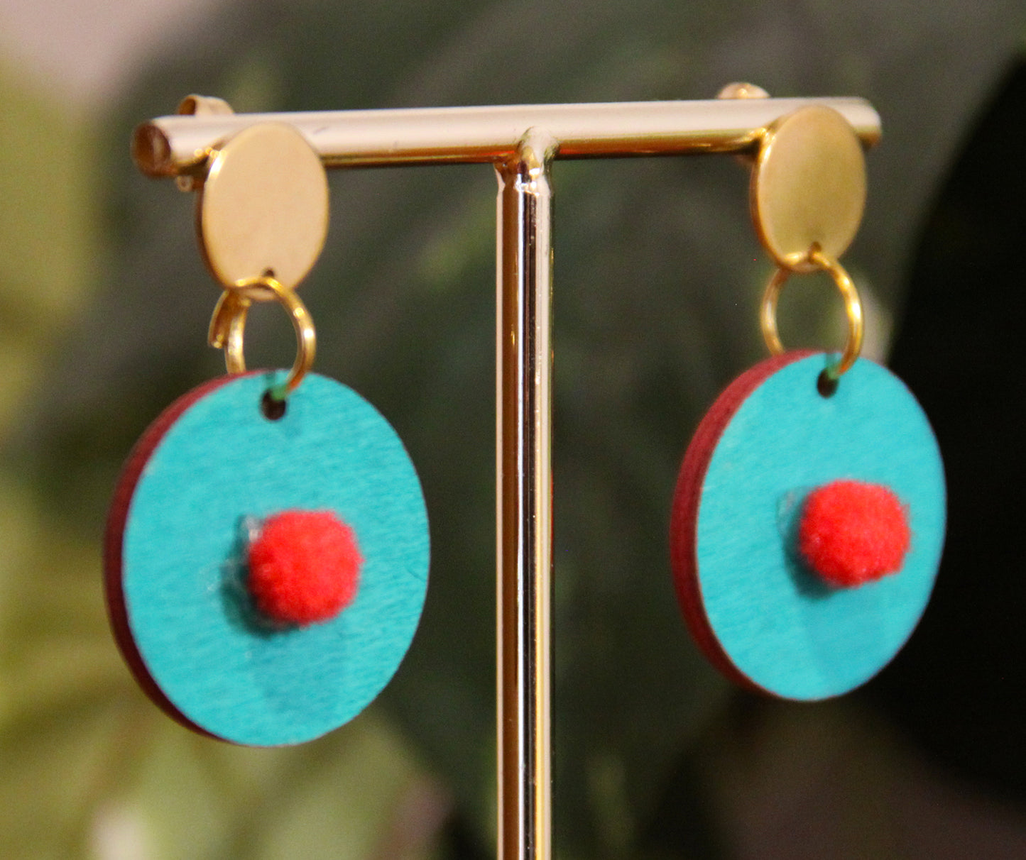 Teal with Red Pom-Pom Circular Earrings