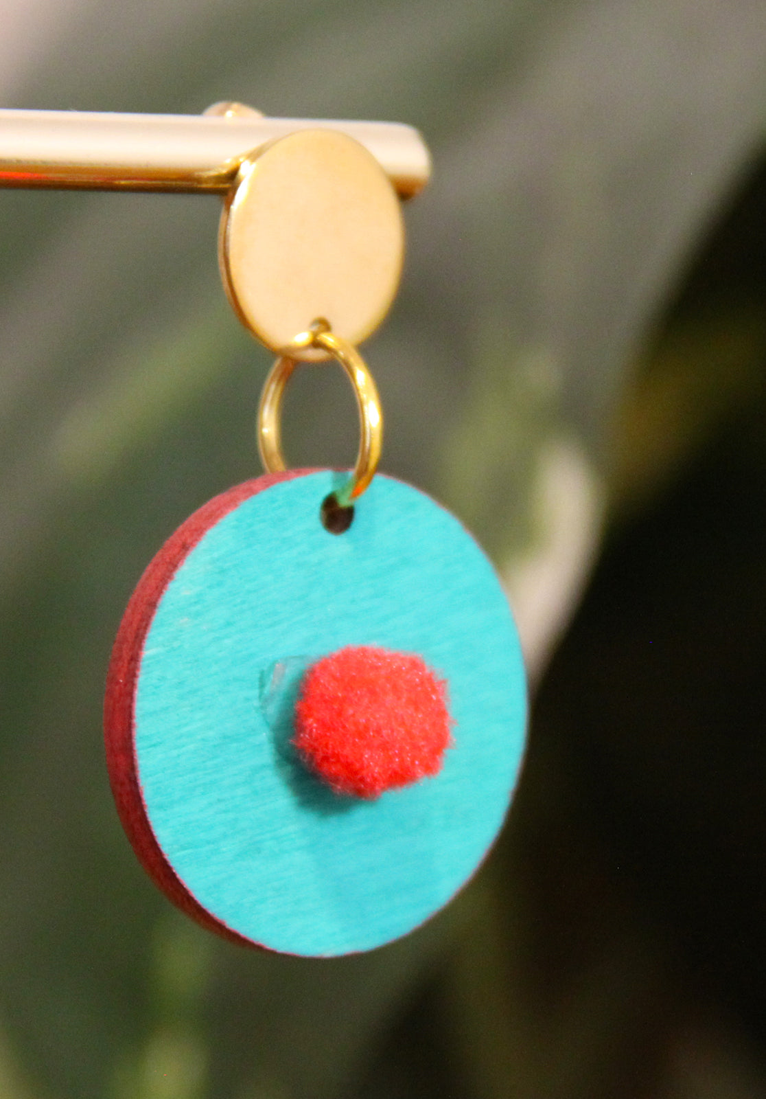 Teal with Red Pom-Pom Circular Earrings