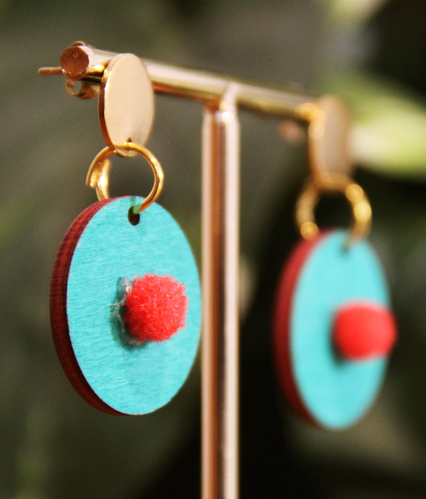 Teal with Red Pom-Pom Circular Earrings